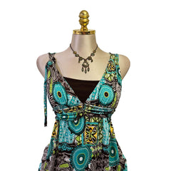 90s Vintage Baby Blue Brown Artsy Tie Back Top [M]