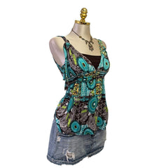 90s Vintage Baby Blue Brown Artsy Tie Back Top [M]