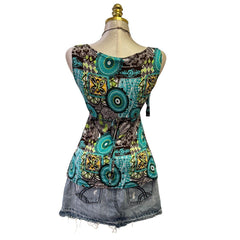 90s Vintage Baby Blue Brown Artsy Tie Back Top [M]