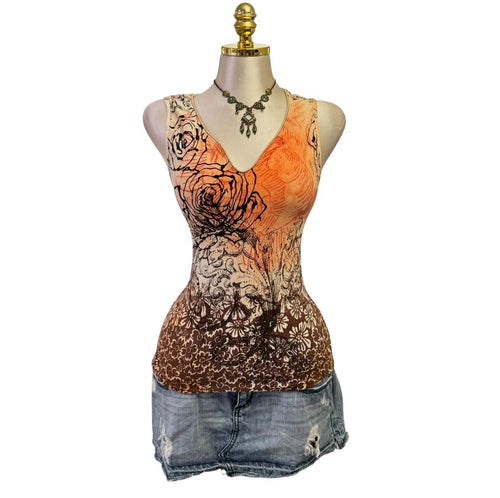 90s Vintage Orange Brown Floral Top [L]