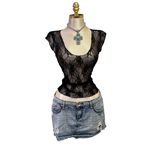 Y2K Vintage Black Lace Tee Top [S]