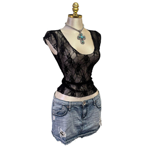 Y2K Vintage Black Lace Tee Top [S]