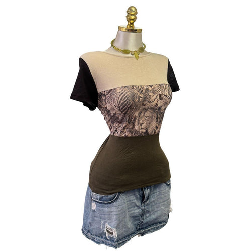 90s Vintage Beige Green Lion Tiger Zebra Safari Cat Color Block Top [L]