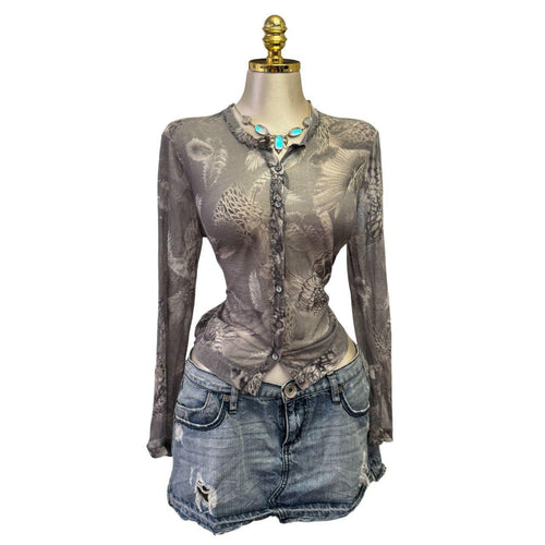 90s Vintage Gray Sheer Bird Feather Mesh Top [L]