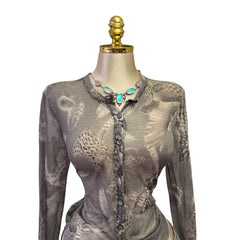 90s Vintage Gray Sheer Bird Feather Mesh Top [L]