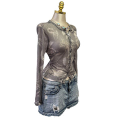 90s Vintage Gray Sheer Bird Feather Mesh Top [L]