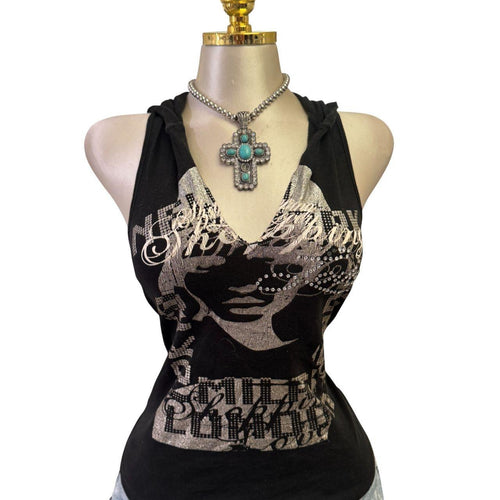 Y2K Vintage Black Mesh New York Silver Sequin Hoodie Top [M]