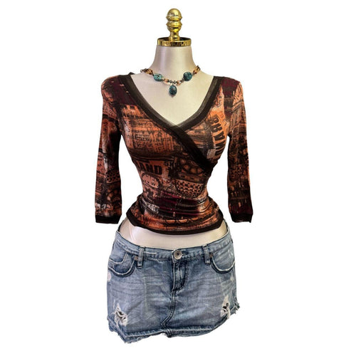 Y2K Vintage Brown Orange V-Neck Graphic Top [S]