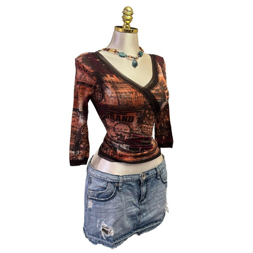Y2K Vintage Brown Orange V-Neck Graphic Top [S]