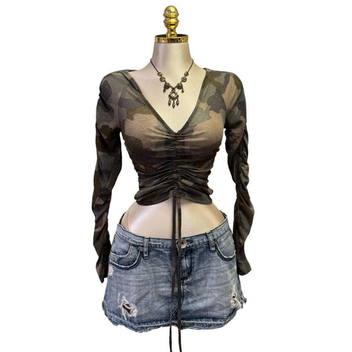 Y2K Vintage Brown Green Camo Cropped Tie Top [S]