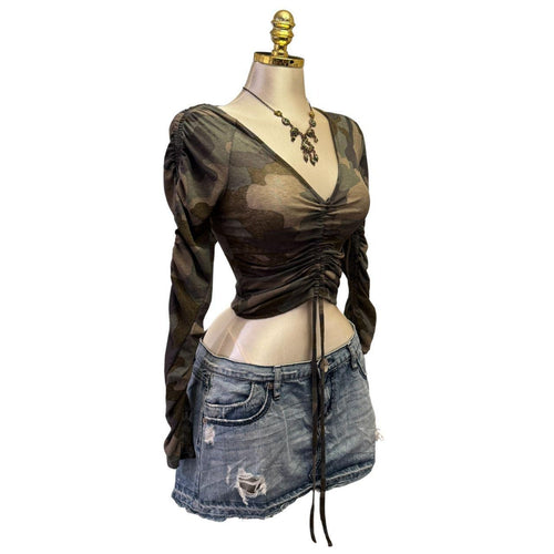 Y2K Vintage Brown Green Camo Cropped Tie Top [S]