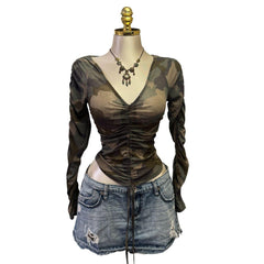 Y2K Vintage Brown Green Camo Cropped Tie Top [S]