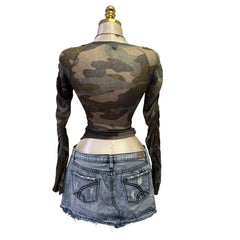 Y2K Vintage Brown Green Camo Cropped Tie Top [S]