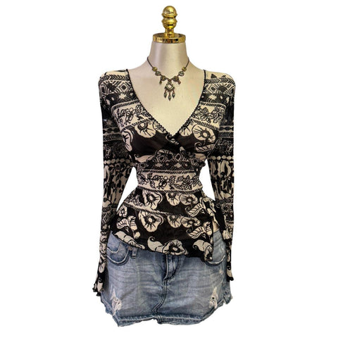 90s Vintage White Mesh W/ Black Red Beige Tie-dye Lining Top  [L]