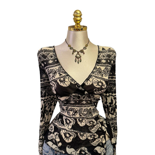 90s Vintage Black Ivory Floral Mesh Top  [XL]