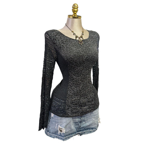 Y2K Vintage Gray Floral Knit Crochet Top  [M]