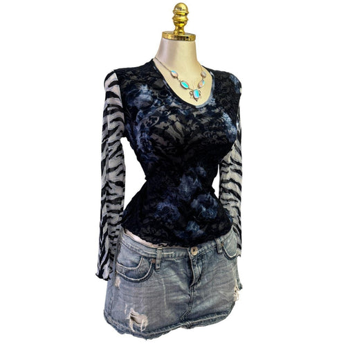 90s Vintage Blue Velvet Tiger Print Mesh Top  [S, M]