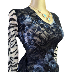 90s Vintage Blue Velvet Tiger Print Mesh Top  [S, M]