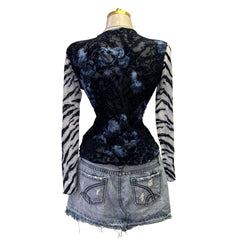 90s Vintage Blue Velvet Tiger Print Mesh Top  [S, M]