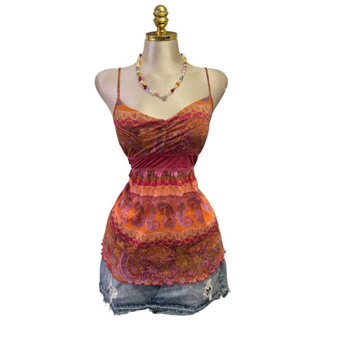 90s Vintage White Mesh W/ Black Red Beige Tie-dye Lining Top  [L]