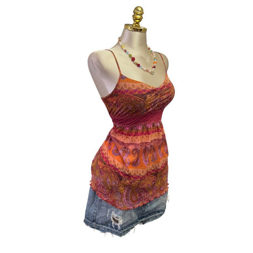90s Vintage Pink Orange Paisley Mesh Top  [L]