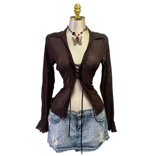 Y2K Vintage Brown Mesh Ribbon Front Top [M]
