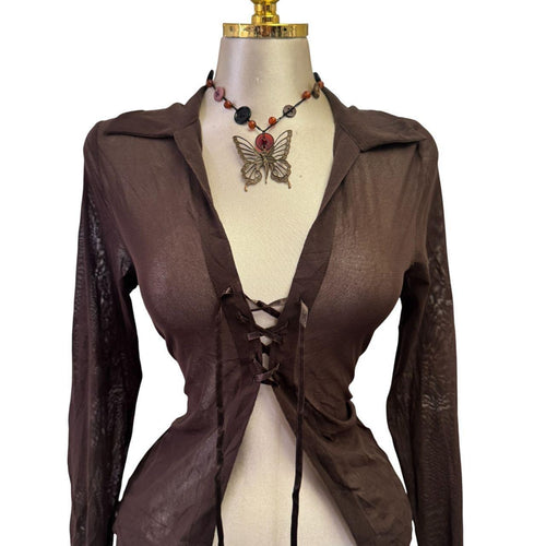 Y2K Vintage Brown Mesh Ribbon Front Top [M]