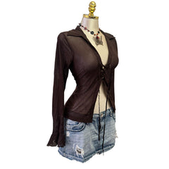 Y2K Vintage Brown Mesh Ribbon Front Top [M]