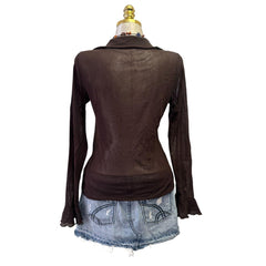Y2K Vintage Brown Mesh Ribbon Front Top [M]
