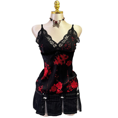 Y2K Vintage Black Red Lace Satin Dragon Print Top [S]