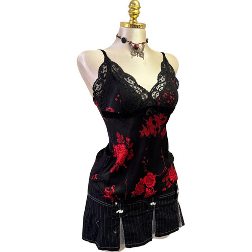 Y2K Vintage Black Red Lace Satin Dragon Print Top [S]