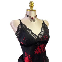 Y2K Vintage Black Red Lace Satin Dragon Print Top [S]