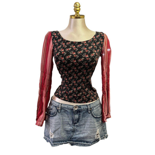 Y2k Vintage Navy Blue Red Floral Stripes Top  [S]