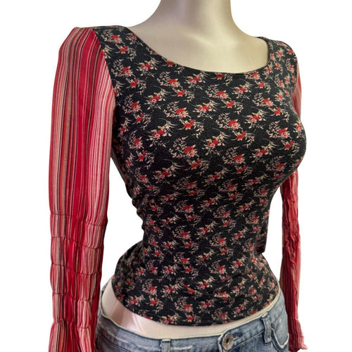Y2k Vintage Navy Blue Red Floral Stripes Top  [S]