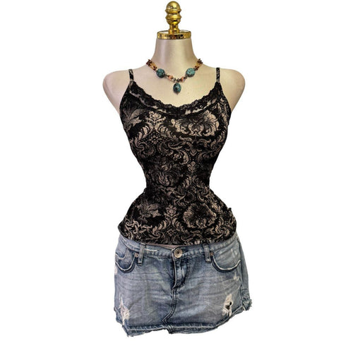 90s Vintage Black Ivory Floral Lace Trim Top [L]