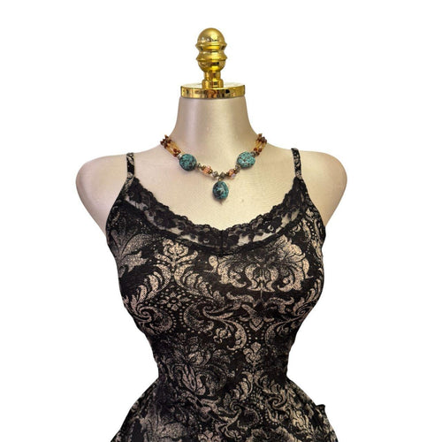 90s Vintage Black Ivory Floral Lace Trim Top [L]
