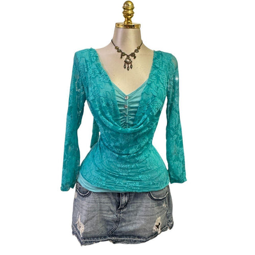 90s Vintage Aqua Blue Floral Lace Rhinestone Front Top [L]