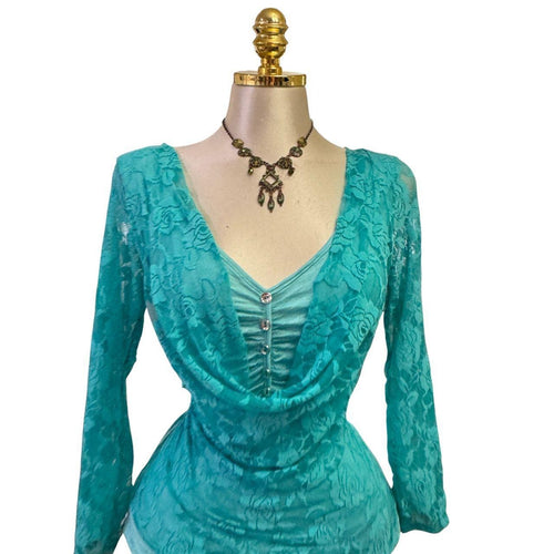 90s Vintage Aqua Blue Floral Lace Rhinestone Front Top [L]