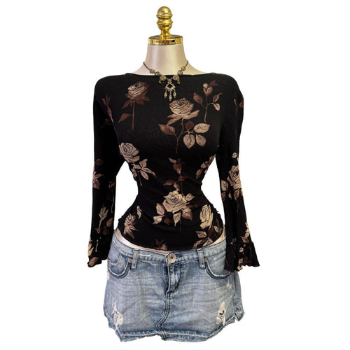 90s Vintage Black Brown Rose Top [L]