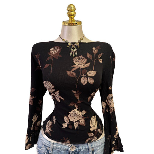 90s Vintage Black Brown Rose Top [L]