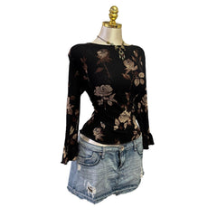 90s Vintage Black Brown Rose Top [L]