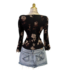 90s Vintage Black Brown Rose Top [L]