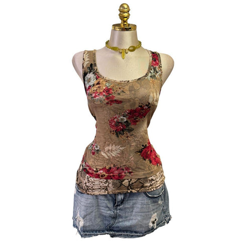 90s Vintage Beige Red Floral Top [L]