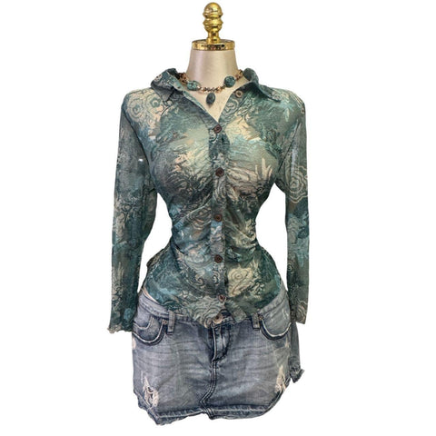 Y2K Vintage Pink Silver Sequin Mesh Top  [M]