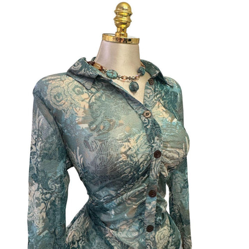 90s Vintage Blue Teal Mesh Floral Top [L]