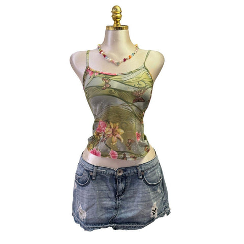 Y2K Vintage Desigual Red Black Beaded Sequin Asymmetrical Neck Top [S]