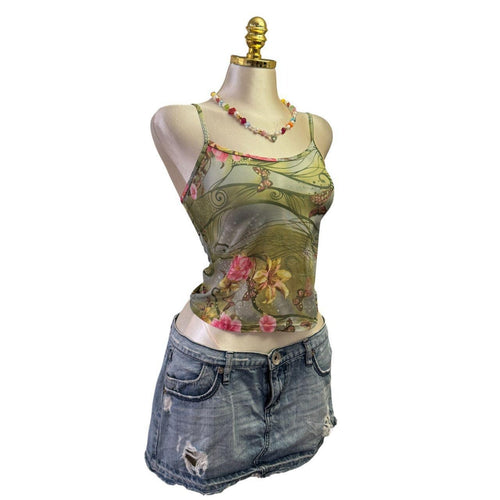 90s Vintage Fairy Vibes Green Floral Top  [XS]