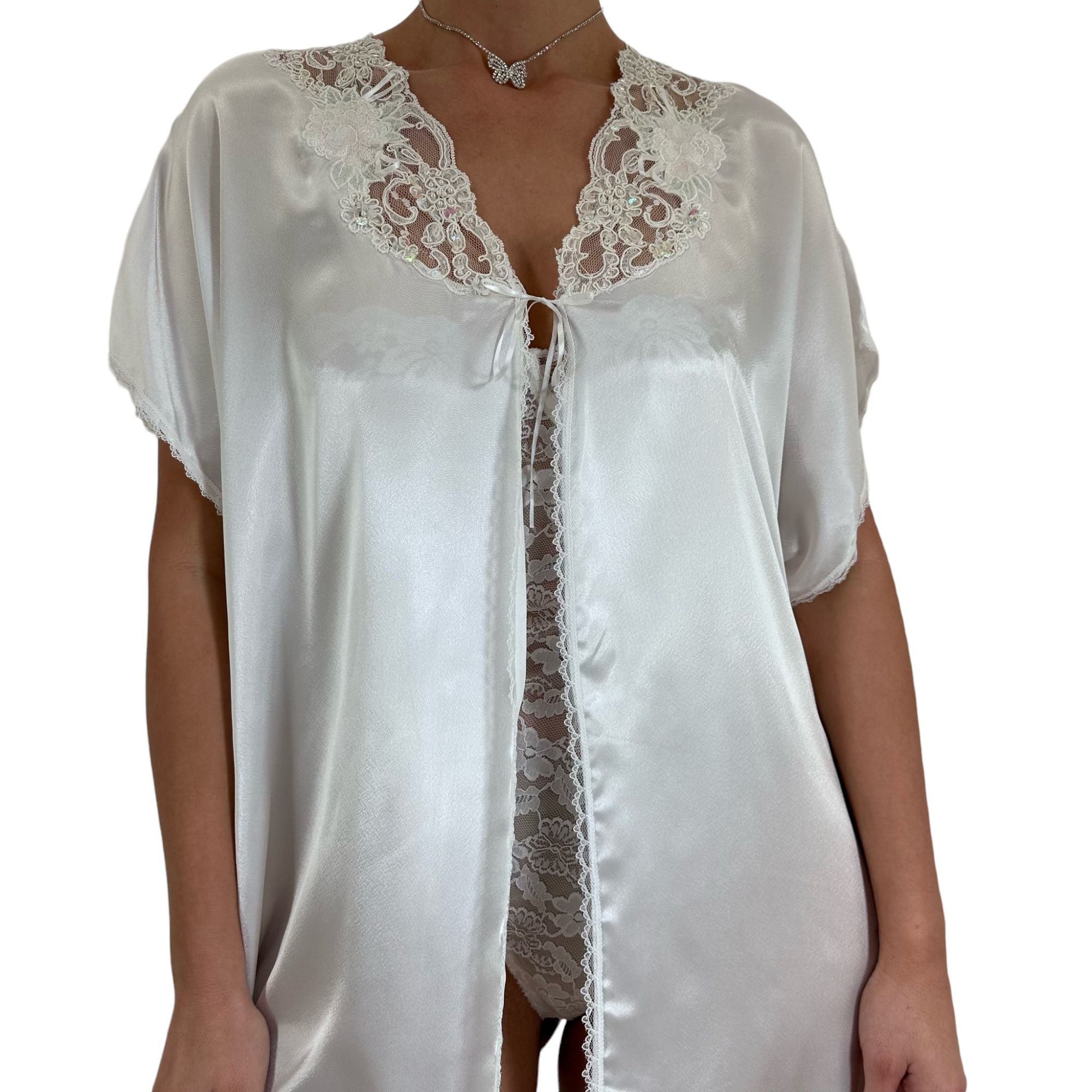 90s Vintage White Satin Robe [L]