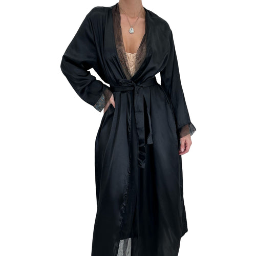 90s Vintage Black Satin Long Robe [L]