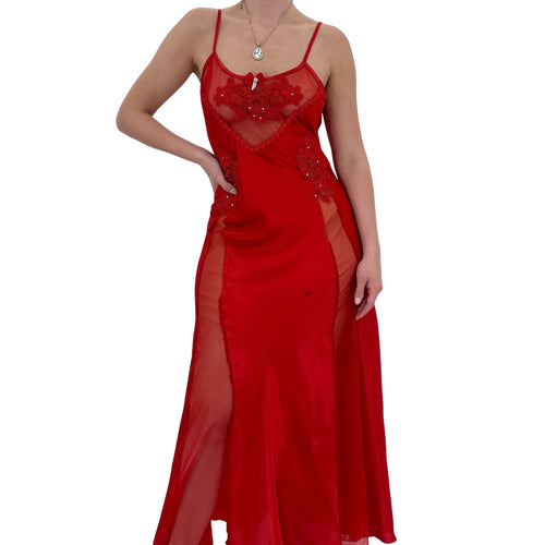 90s Rare Vintage Red Satin Maxi Slip Dress [M-L]
